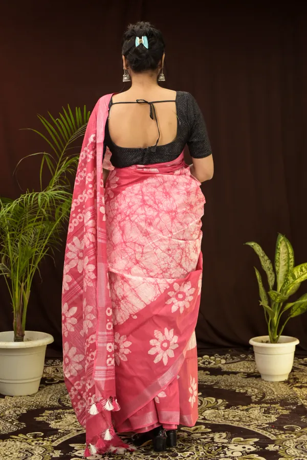 Pink_Woven_Batik_Cotton_Linen_Saree_With_Running_Blouse_For_Women