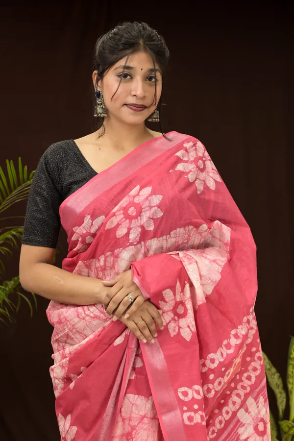 Pink_Woven_Batik_Cotton_Linen_Saree_With_Running_Blouse_For_Women