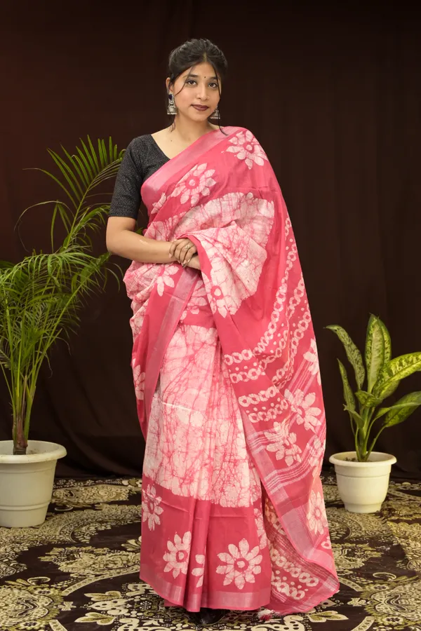 Pink_Woven_Batik_Cotton_Linen_Saree_With_Running_Blouse_For_Women