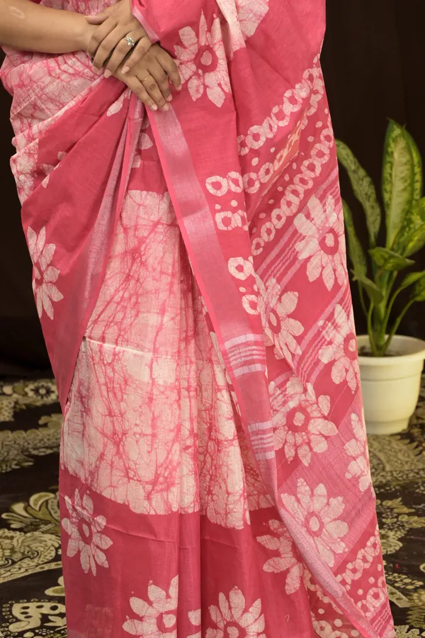 Pink_Woven_Batik_Cotton_Linen_Saree_With_Running_Blouse_For_Women