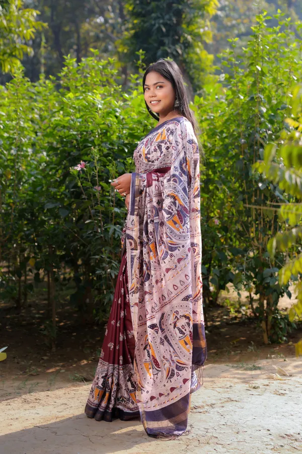 Multicolor_Madhubani_Hand_Printed_Cotton_Silk_Saree_With_Running_Blouse_For_Women