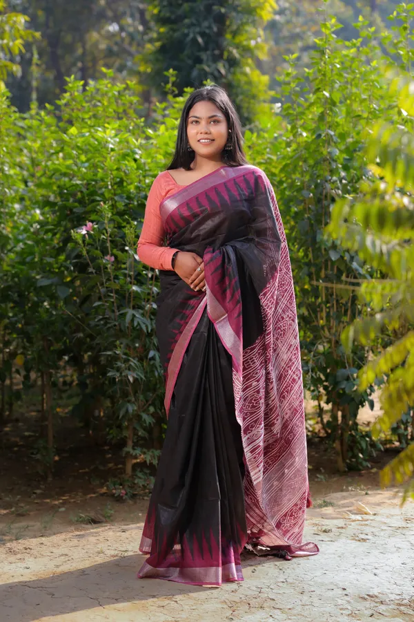 Multicolor_Printed_Madhubani_Temple_Design_Cotton_Linen_Saree_For_Women