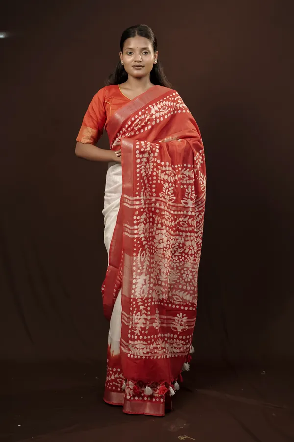 Red/White_Woven_Batik_Cotton_Linen_Saree_with_Running_Blouse_for_Women