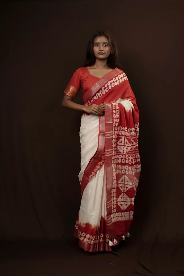Red/White_Woven_Batik_Cotton_Linen_Saree_with_Running_Blouse_for_Women_