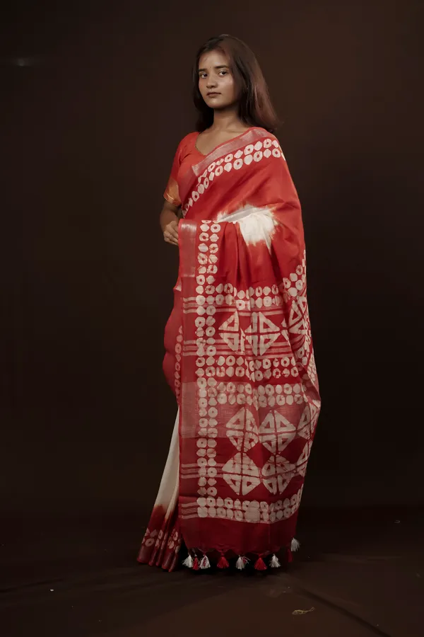 Red/White_Woven_Batik_Cotton_Linen_Saree_with_Running_Blouse_for_Women_