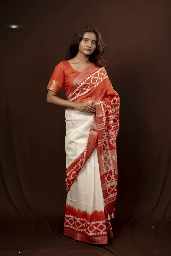 Red/white_Woven_Batik_Cotton_Linen_saree_With_Running_Blouse_for_Women_
