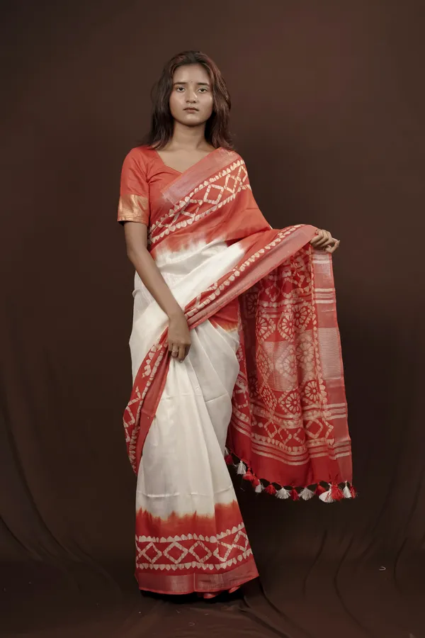 Red/white_Woven_Batik_Cotton_Linen_saree_With_Running_Blouse_for_Women_