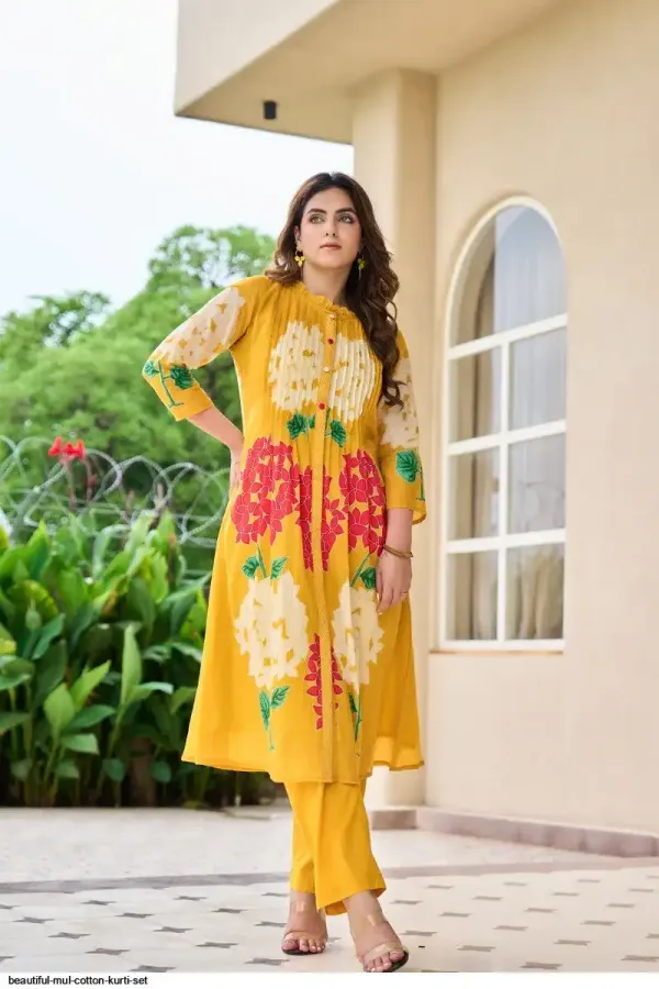 Yellow_Floral_Mul_Cotton_Kurta_Pant_Set_For_Women's_&_Girls