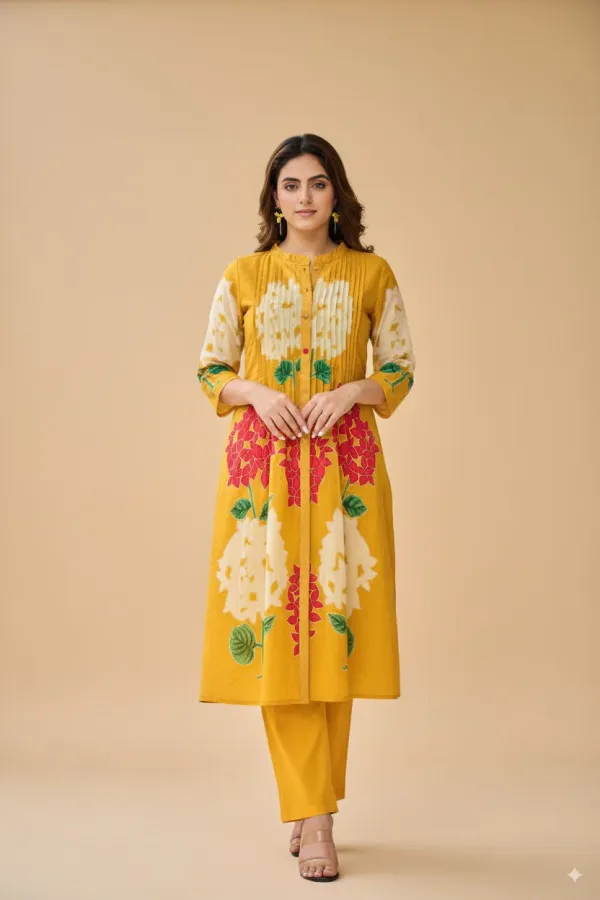 Yellow_Floral_Mul_Cotton_Kurta_Pant_Set_For_Women's_&_Girls