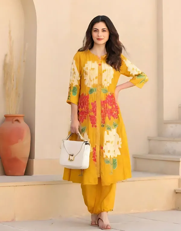 Yellow_Floral_Mul_Cotton_Kurta_Pant_Set_For_Women's_&_Girls