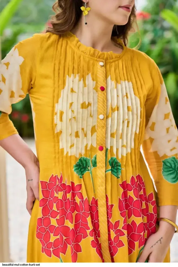 Yellow_Floral_Mul_Cotton_Kurta_Pant_Set_For_Women's_&_Girls
