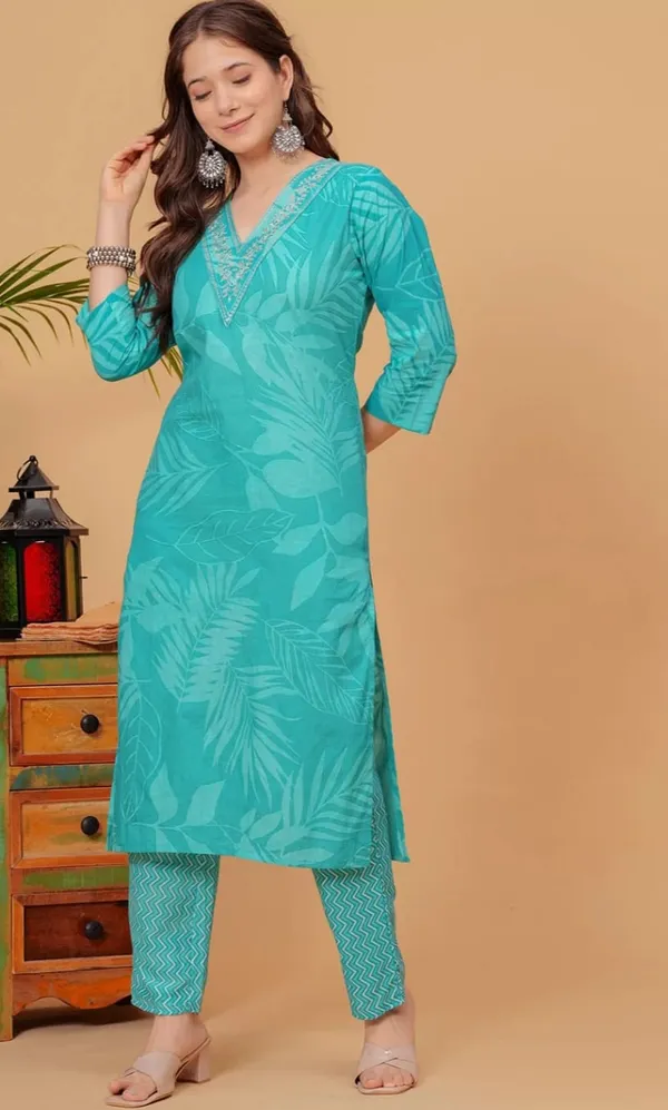 Beautiful_Light_Green_Blue_Tone_Cotton_Kurta_Set_With_a_Matching_Dupatta_And_Trousers,_Featuring_a_Floral_Or_Leaf_Print.