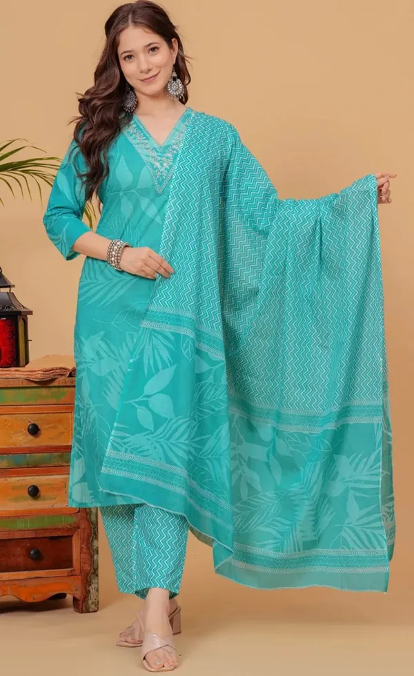 Beautiful_Light_Green_Blue_Tone_Cotton_Kurta_Set_With_a_Matching_Dupatta_And_Trousers,_Featuring_a_Floral_Or_Leaf_Print.
