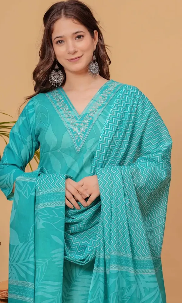 Beautiful_Light_Green_Blue_Tone_Cotton_Kurta_Set_With_a_Matching_Dupatta_And_Trousers,_Featuring_a_Floral_Or_Leaf_Print.