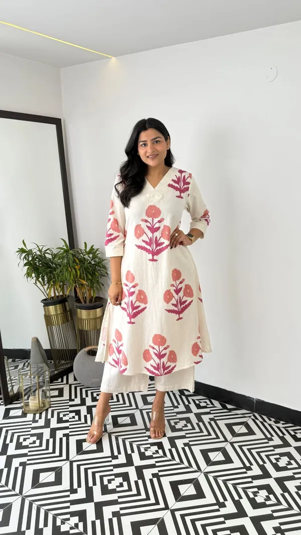 Beautiful_Printed_Cotton_Cord_Set__Cream_Base_Flower_Print__With_Side_Pocket