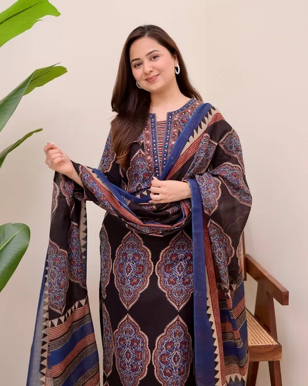 Black_Ajrakh_Printed_Pure_Cotton_Kurta_Pant_And_Dupatta_Set_For_Women's