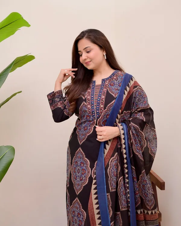 Black_Ajrakh_Printed_Pure_Cotton_Kurta_Pant_And_Dupatta_Set_For_Women's