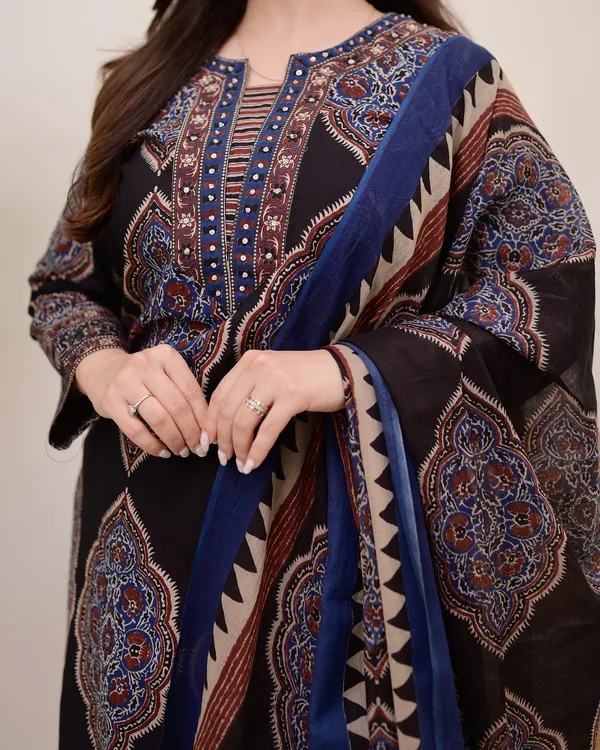 Black_Ajrakh_Printed_Pure_Cotton_Kurta_Pant_And_Dupatta_Set_For_Women's