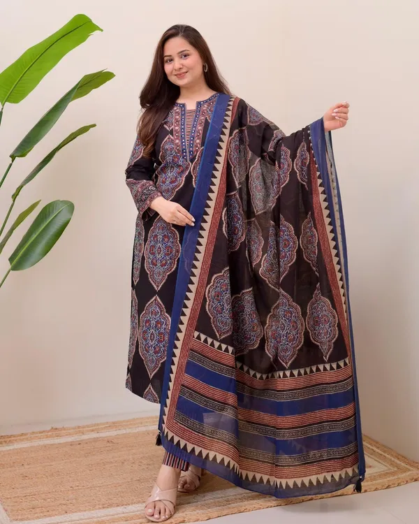 Black_Ajrakh_Printed_Pure_Cotton_Kurta_Pant_And_Dupatta_Set_For_Women's