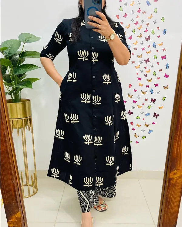 Black_Floral_Fine_Cotton_Kurti_Set_With_Pant_For_Women's_&_Girls