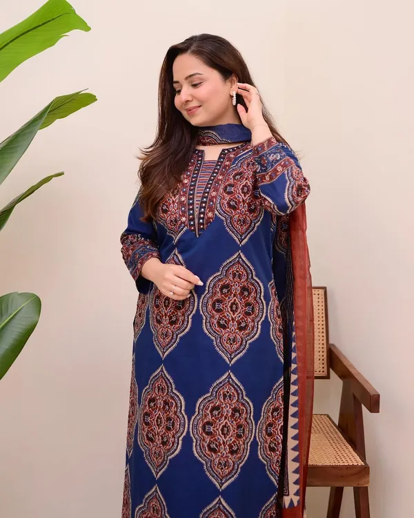Blue_Ajrakh_Printed_Pure_Cotton_Kurta_Pant_And_Dupatta_Set_For_Women's