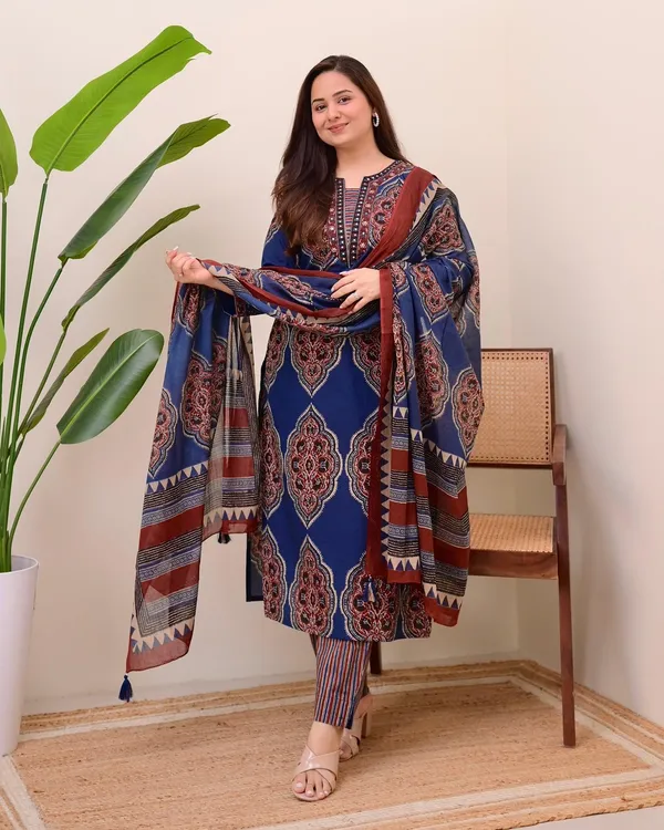 Blue_Ajrakh_Printed_Pure_Cotton_Kurta_Pant_And_Dupatta_Set_For_Women's