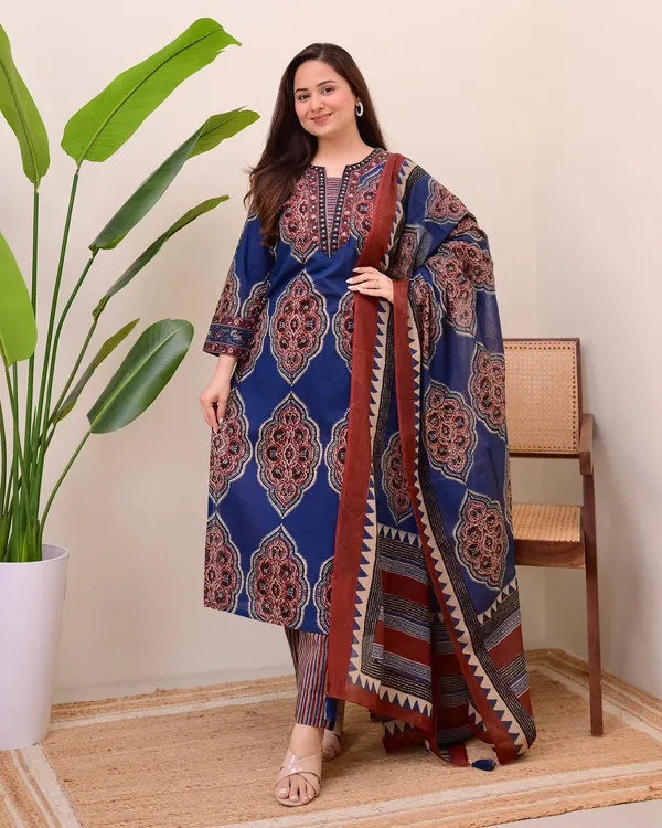 Blue_Ajrakh_Printed_Pure_Cotton_Kurta_Pant_And_Dupatta_Set_For_Women's