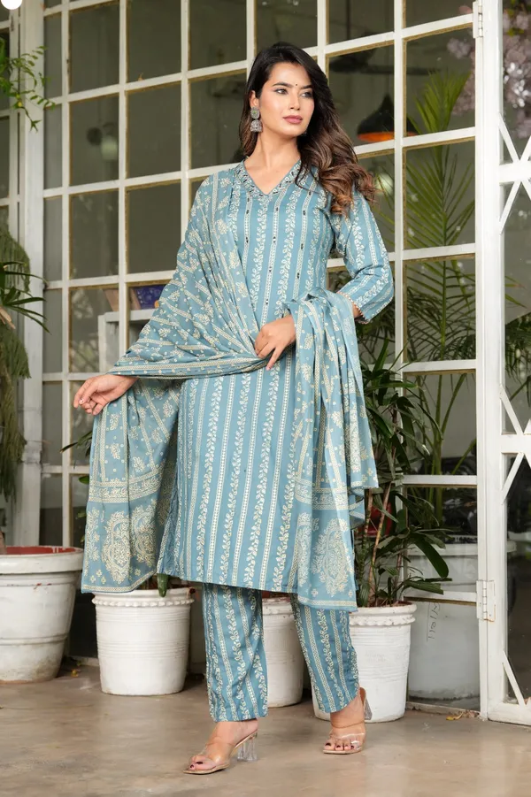 Blue_Cotton_Printed__Kurta_Set_For_Women's