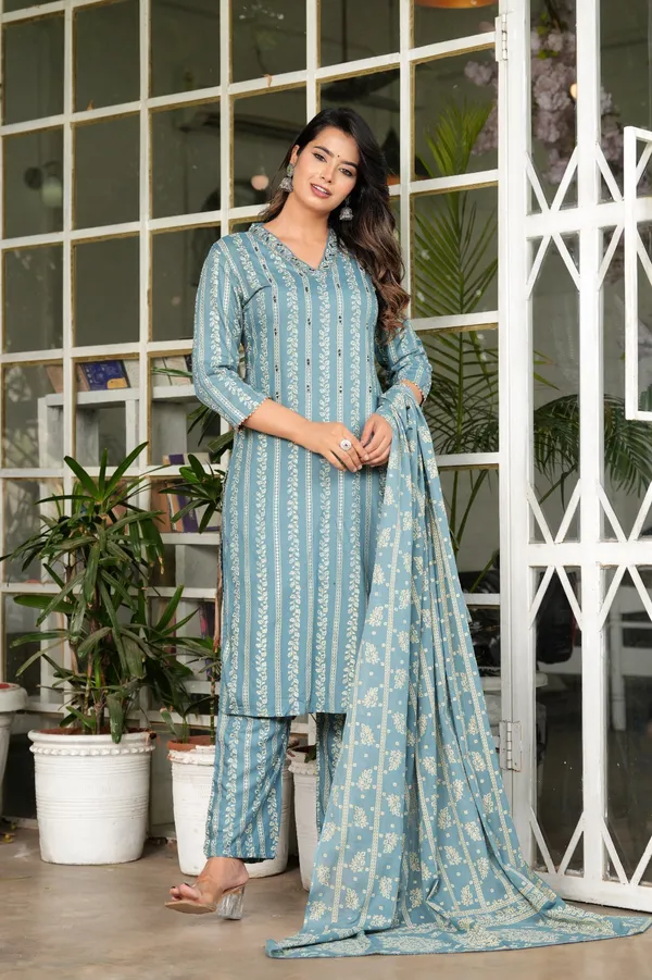 Blue_Cotton_Printed__Kurta_Set_For_Women's