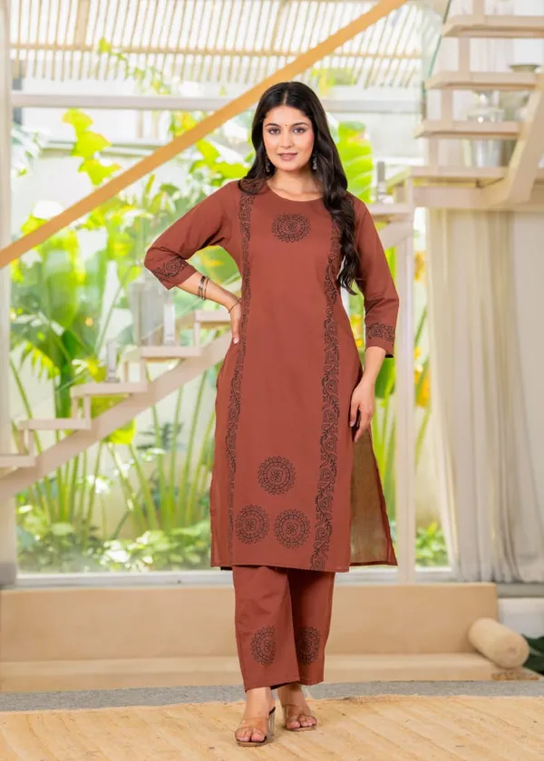 Brown_Cotton_Embroidered_Kurta_Set_For_Women's