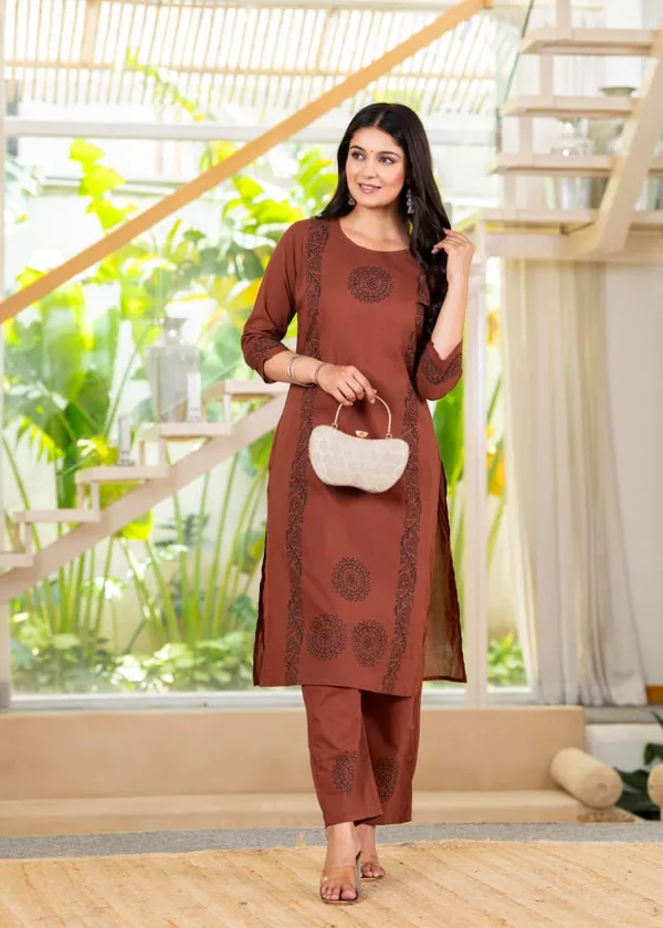 Brown_Cotton_Embroidered_Kurta_Set_For_Women's