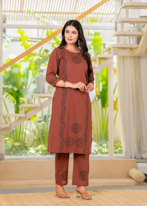 Brown_Cotton_Embroidered_Kurta_Set_For_Women's