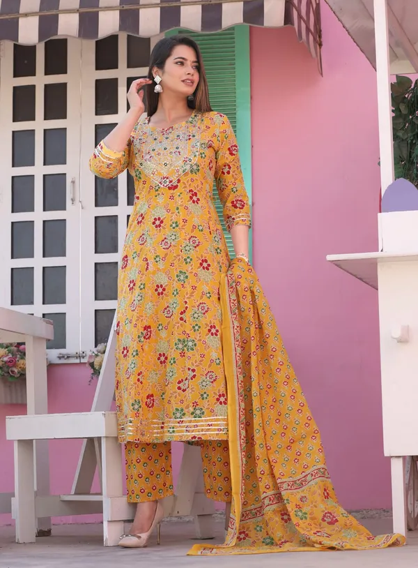 Floral_Embroidered_Pure_Cotton_Kurta_With_Trousers_&_Dupatta_Set_For_Women's