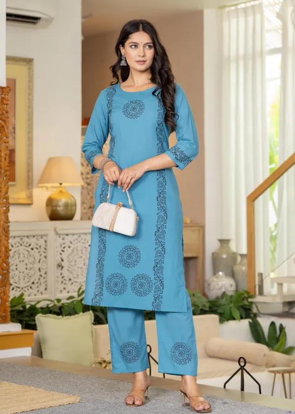 Floral_Printed_Round_Neck_Pure_Cotton_Block_Print_Kurta_With_Trousers