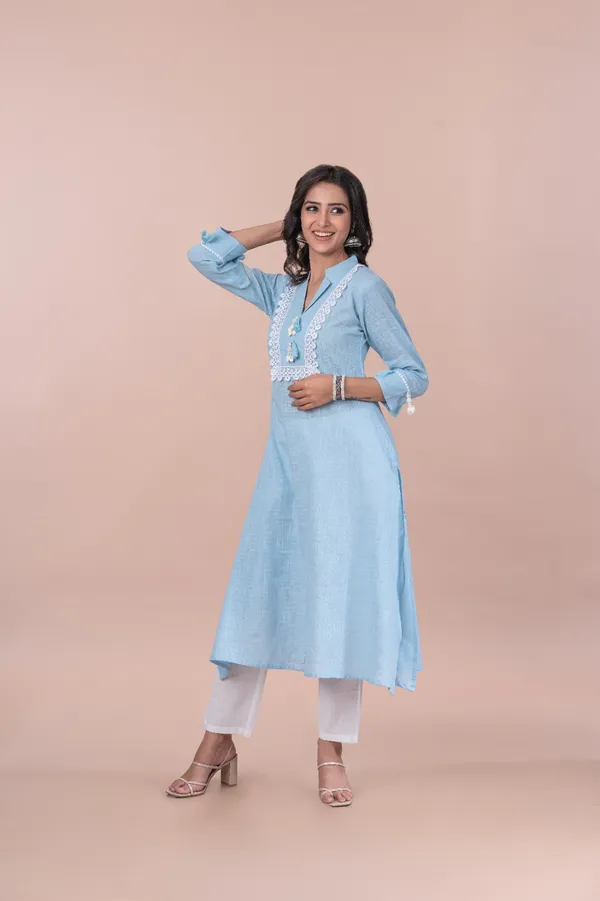 Lifestyle_Blue_Cotton_Mandarin_Collar_Lace_Up_Straight_Kurta_Pant_Set