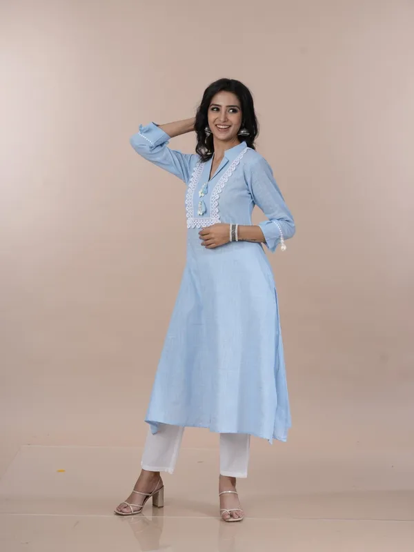 Lifestyle_Blue_Cotton_Mandarin_Collar_Lace_Up_Straight_Kurta_Pant_Set