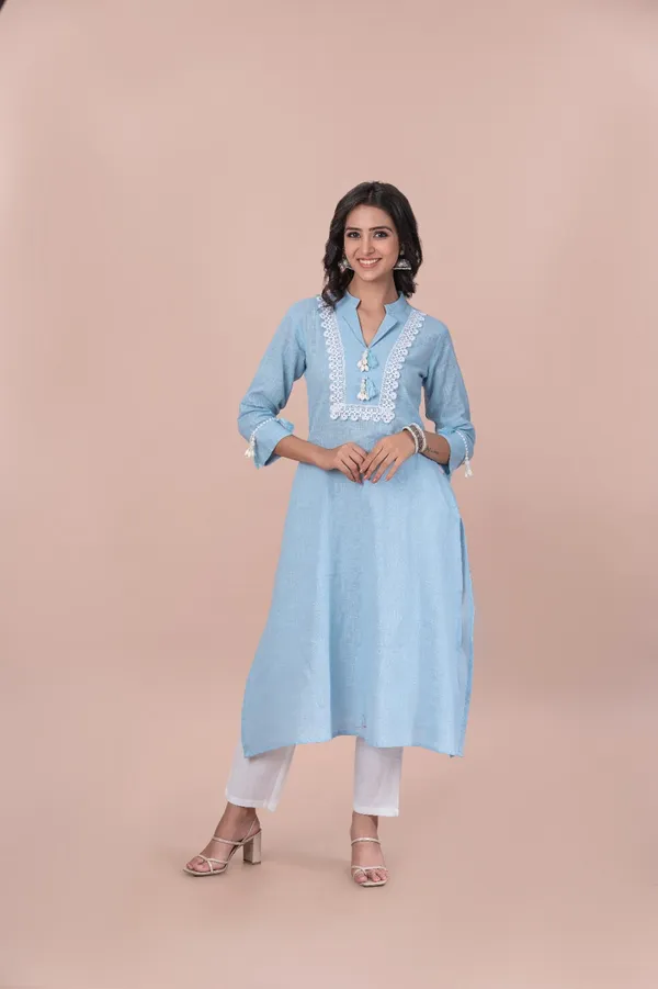 Lifestyle_Blue_Cotton_Mandarin_Collar_Lace_Up_Straight_Kurta_Pant_Set