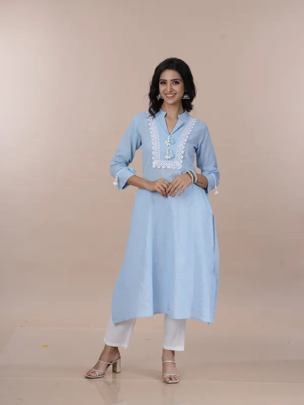 Lifestyle_Blue_Cotton_Mandarin_Collar_Lace_Up_Straight_Kurta_Pant_Set