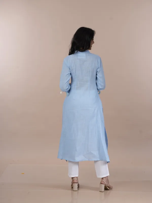 Lifestyle_Blue_Cotton_Mandarin_Collar_Lace_Up_Straight_Kurta_Pant_Set