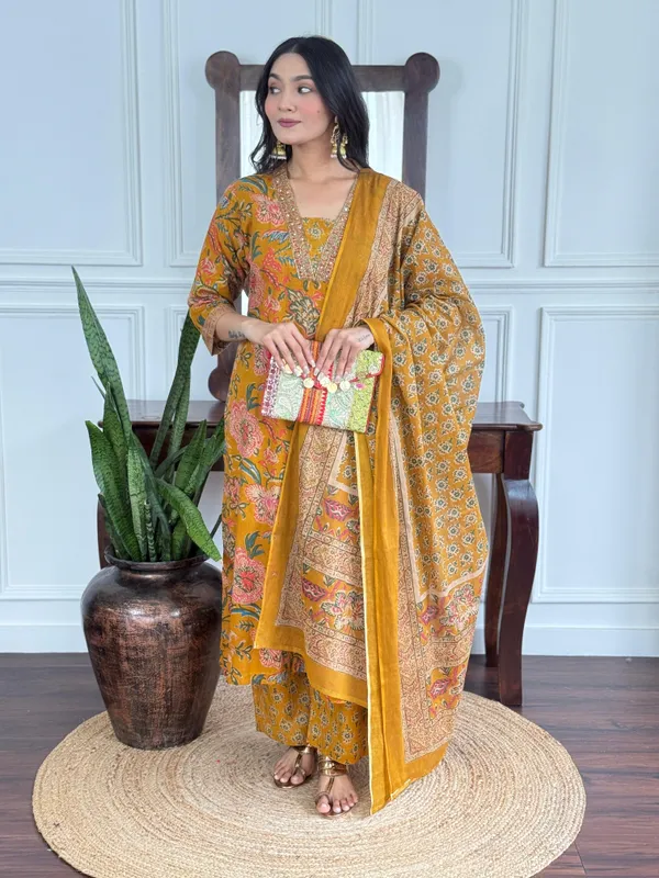 Printed_Cotton_A-Line_Kurti_With_Plazo_And_Mulmul_Dupatta_Set_For_Women's
