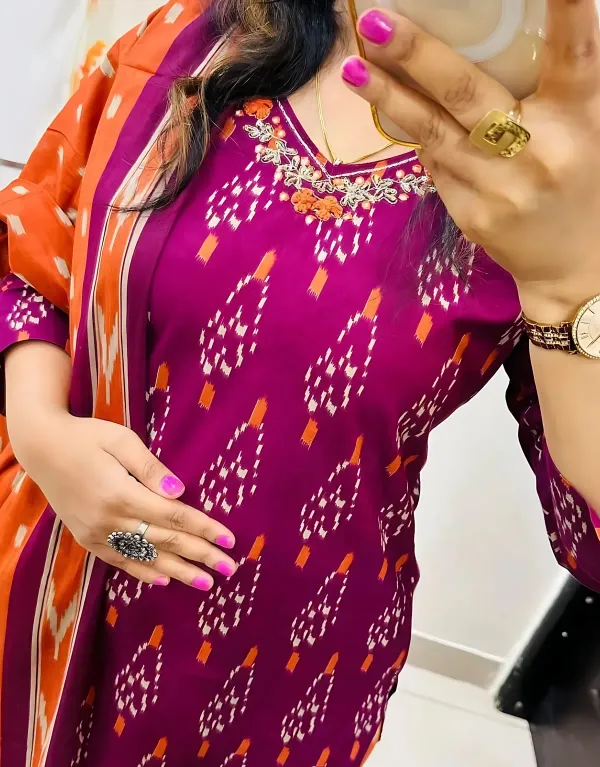 Pure_Cotton_Ikkat_Pink-Orange_Kurti_Set_For_Women's