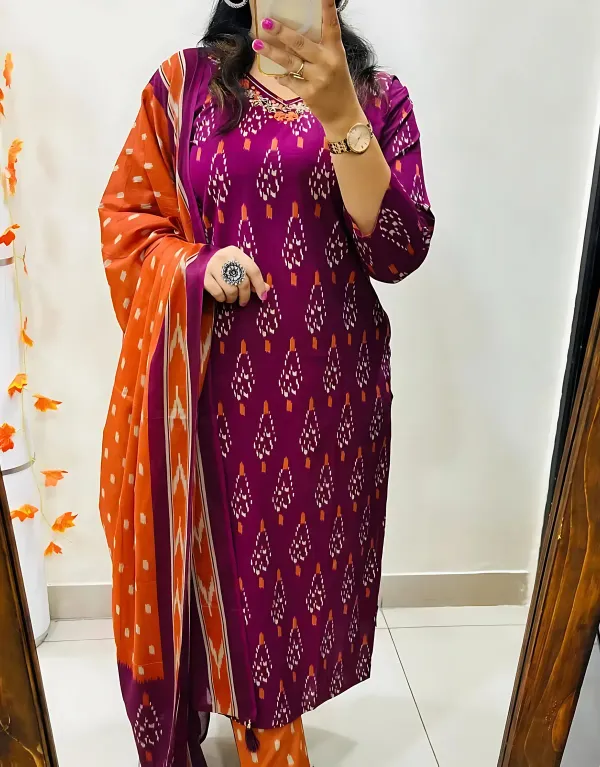 Pure_Cotton_Ikkat_Pink-Orange_Kurti_Set_For_Women's