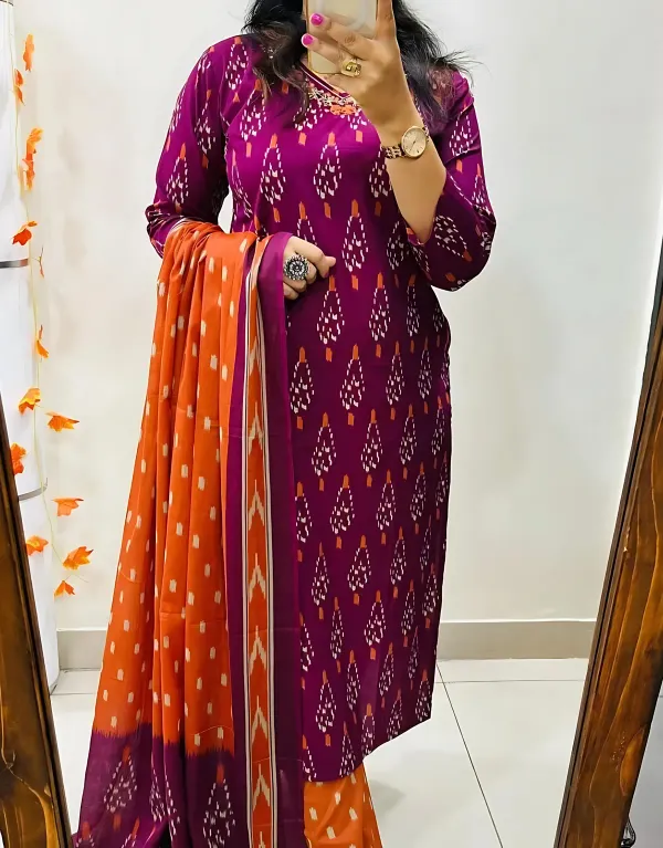 Pure_Cotton_Ikkat_Pink-Orange_Kurti_Set_For_Women's