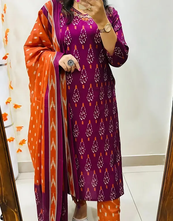Pure_Cotton_Ikkat_Pink-Orange_Kurti_Set_For_Women's