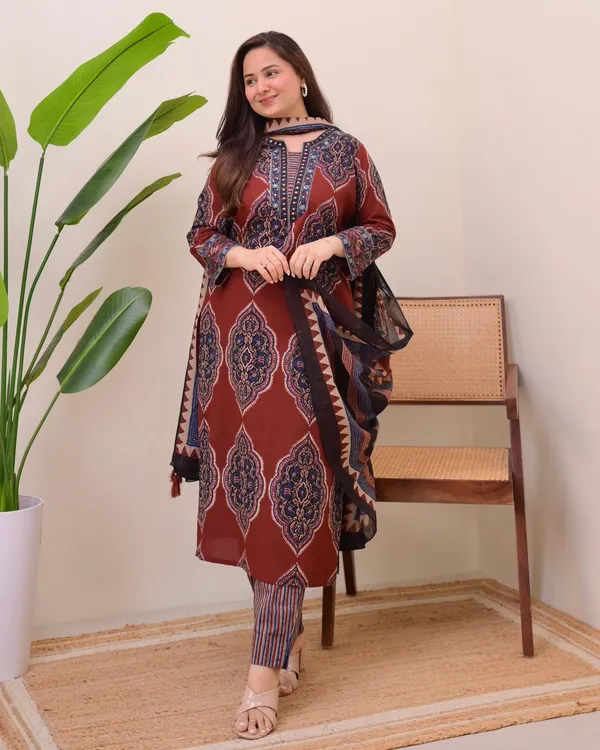 Red_Ajrakh_Printed_Pure_Cotton_Kurta_Pant_And_Dupatta_Set_For_Women's