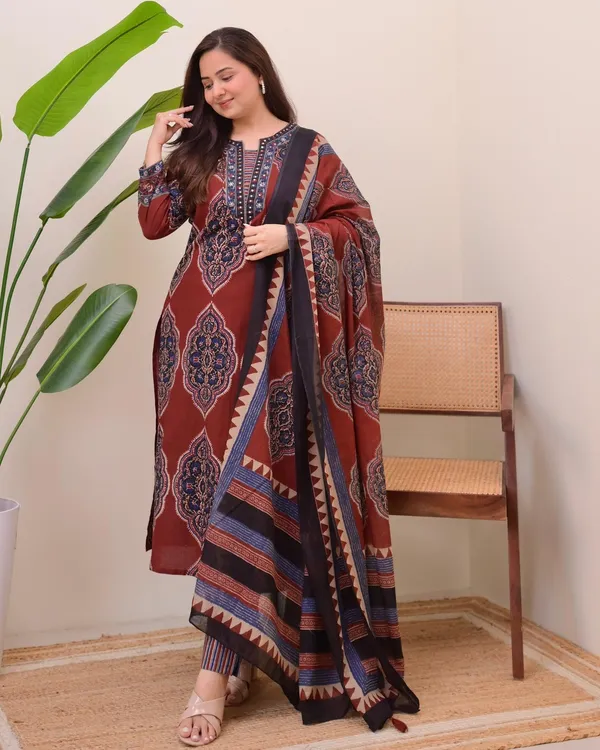 Red_Ajrakh_Printed_Pure_Cotton_Kurta_Pant_And_Dupatta_Set_For_Women's