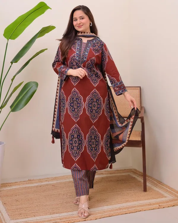 Red_Ajrakh_Printed_Pure_Cotton_Kurta_Pant_And_Dupatta_Set_For_Women's