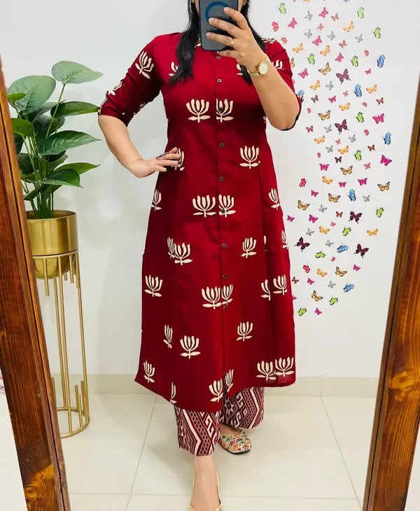 Red_Floral_Fine_Cotton_Kurti_Set_With_Pant_For_Women's_&_Girls