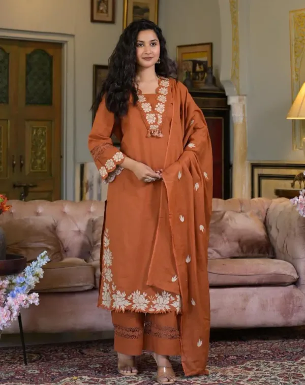 Rust_Embroidered_Kurta_Pant_With_Dupatta__Set_Women's_&_Girls