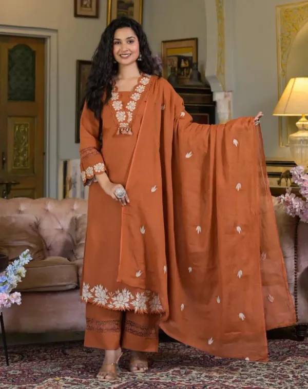 Rust_Embroidered_Kurta_Pant_With_Dupatta__Set_Women's_&_Girls